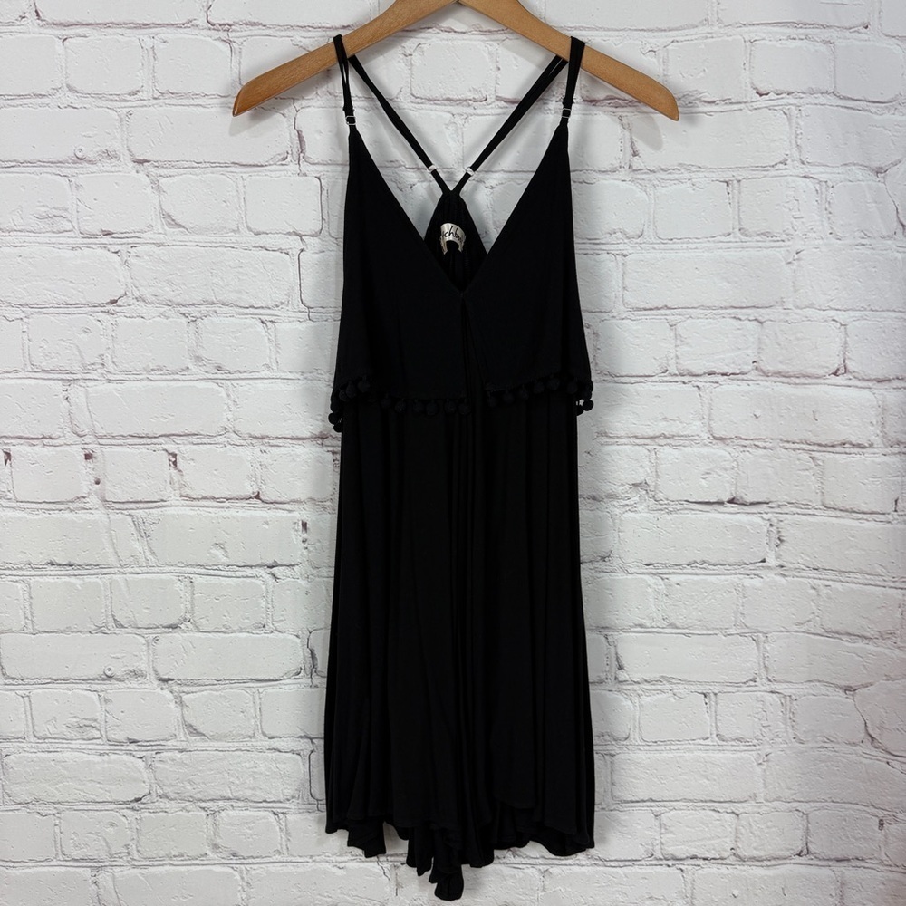 Black Boho dress Pom Pom Trim Strappy summertime playful size small vacation